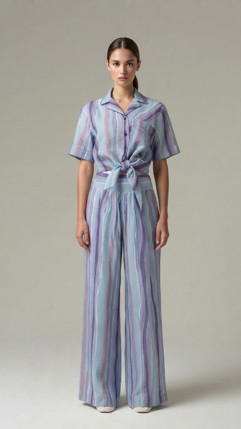 E8273BB Striped Tie-Front Short Sleeve Shirt