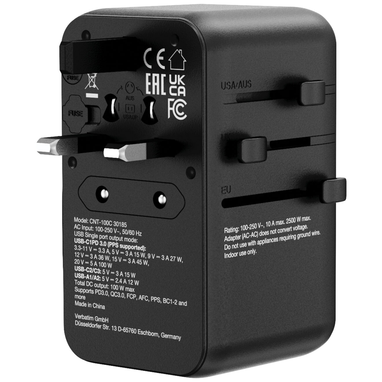 Verbatim(威寶) Charge 'n' Travel 100W 通用旅行轉插 (附USB-C可伸縮充電線) 30185