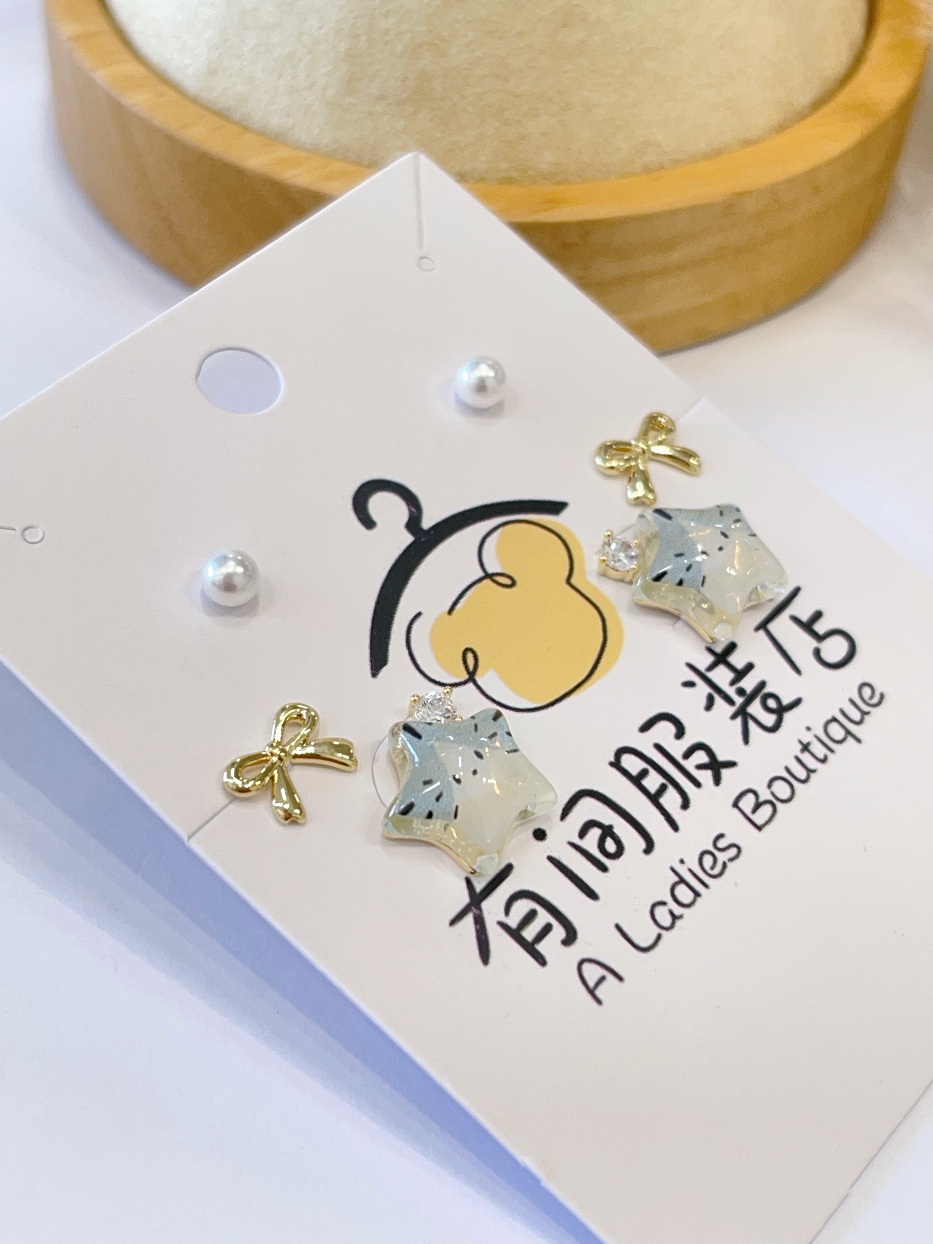 树脂星星猫咪蝴蝶结耳环套装