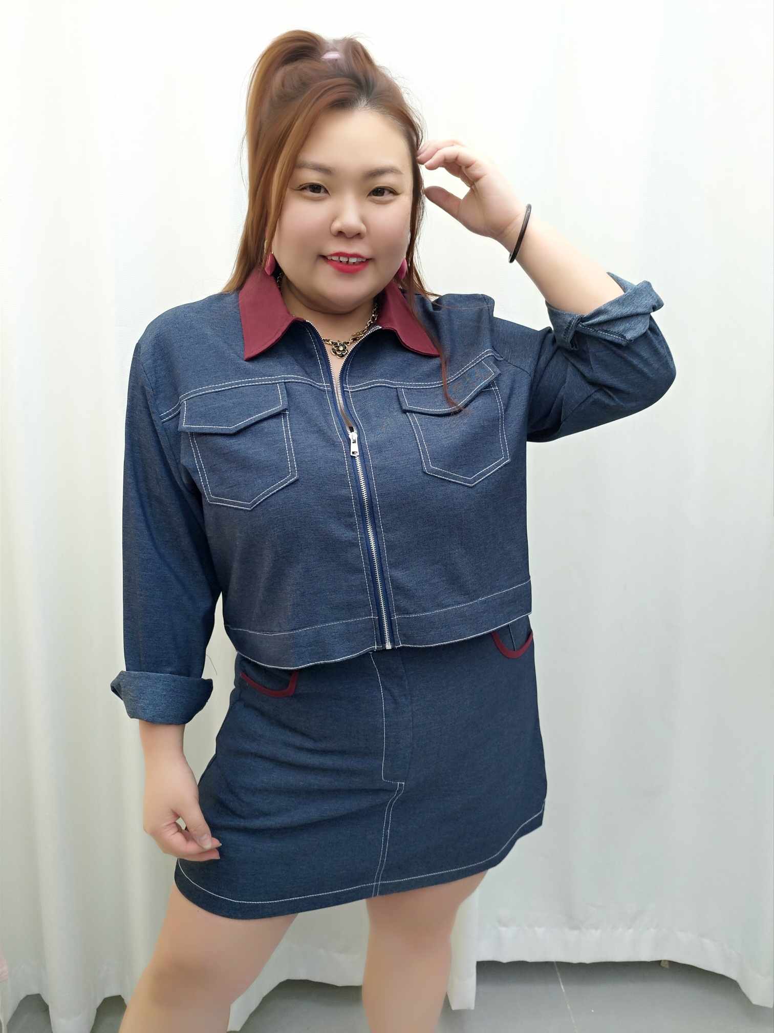 DDA06 8375(C2) 拼色长袖设计裤裙套装