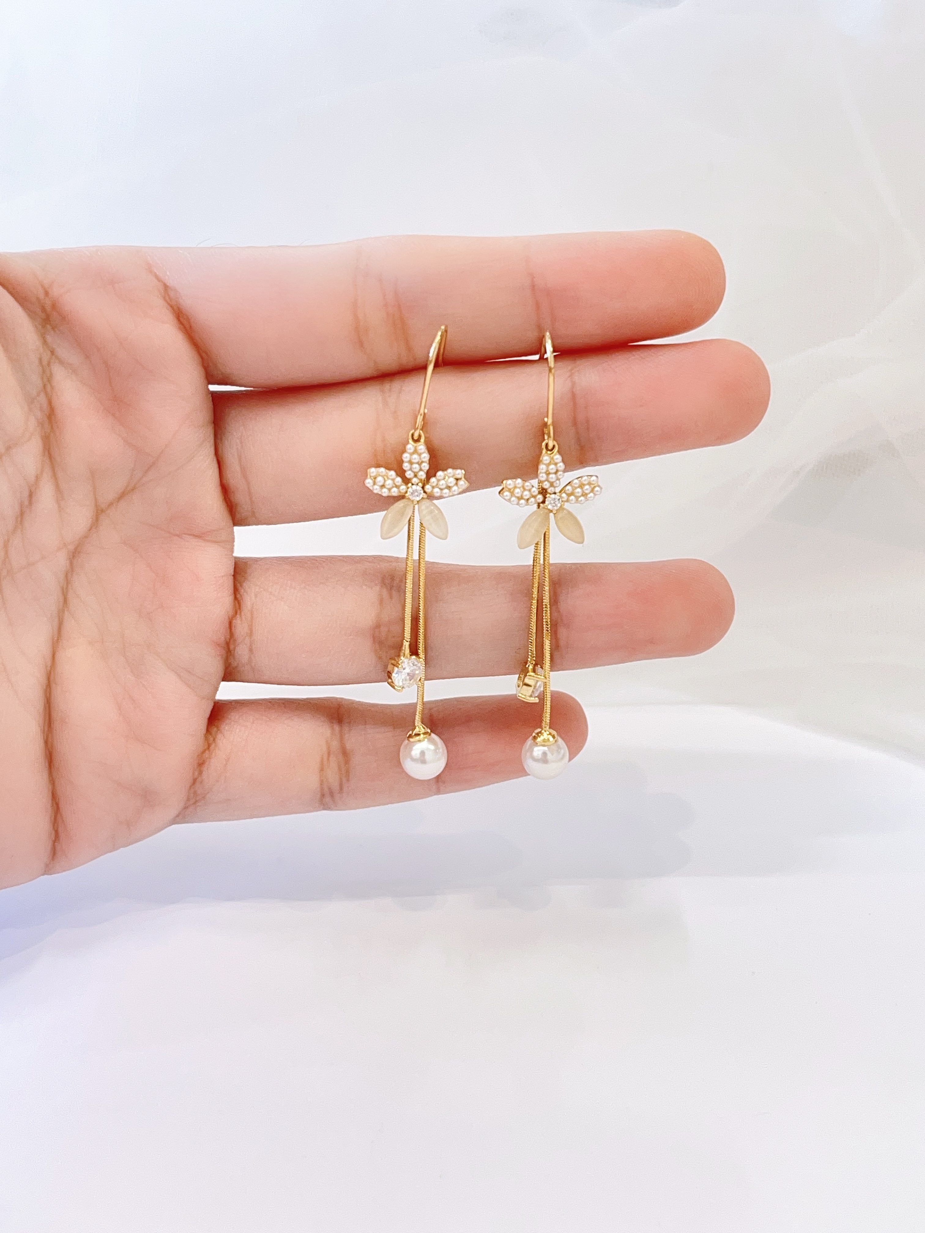 猫眼石小花朵锆石珍珠流苏耳环