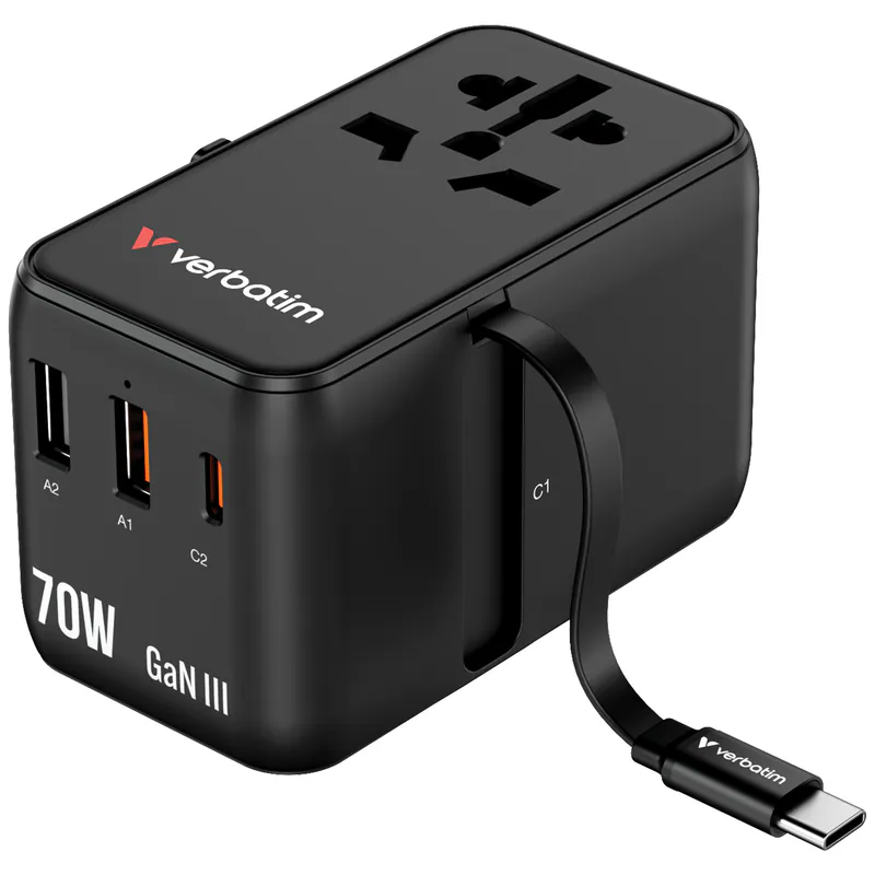 香港行貨 2年保養  Verbatim 威寶 Charge 'n' Travel 70W 通用旅行轉插 (附USB-C可伸縮充電線) 30184