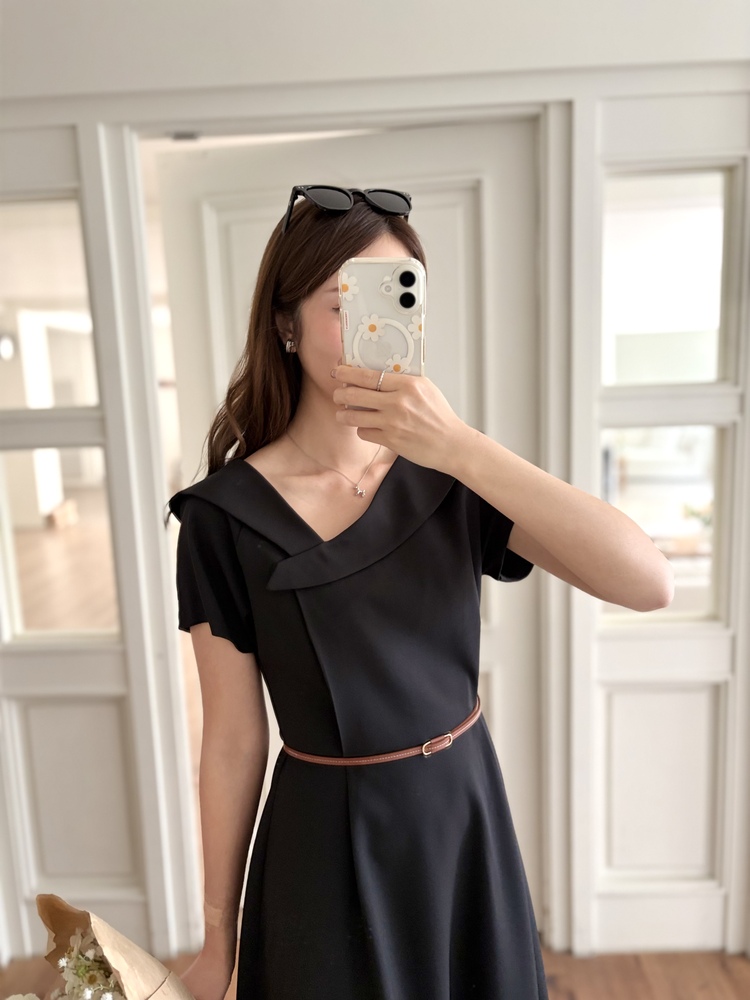 Sailor Collar Belted Dress (Black)