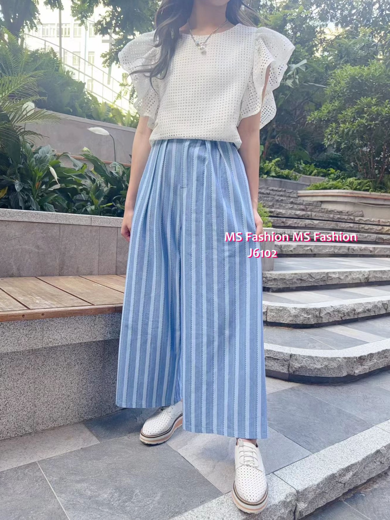 J6102 靚色條子闊筒褲
