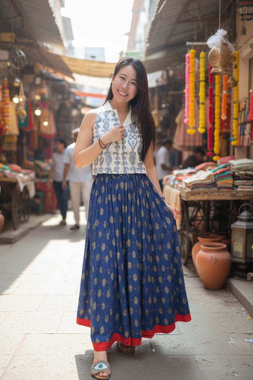 Naby Blue Gold Print Skirt  39" #1379