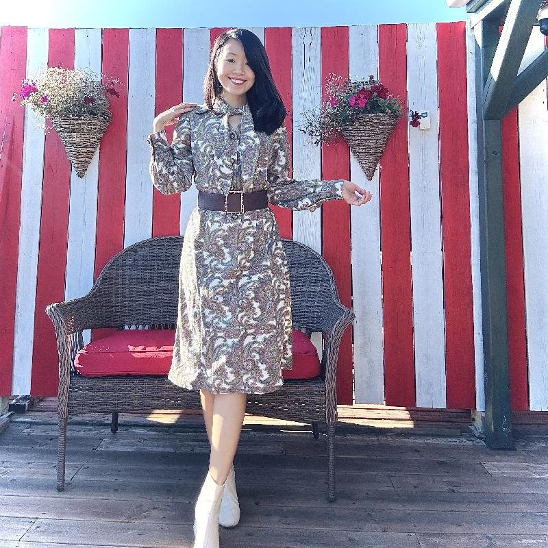 Vintage 1980s American Paisley Pattern Tie Collar Loose Fit Dress(MT2419)
