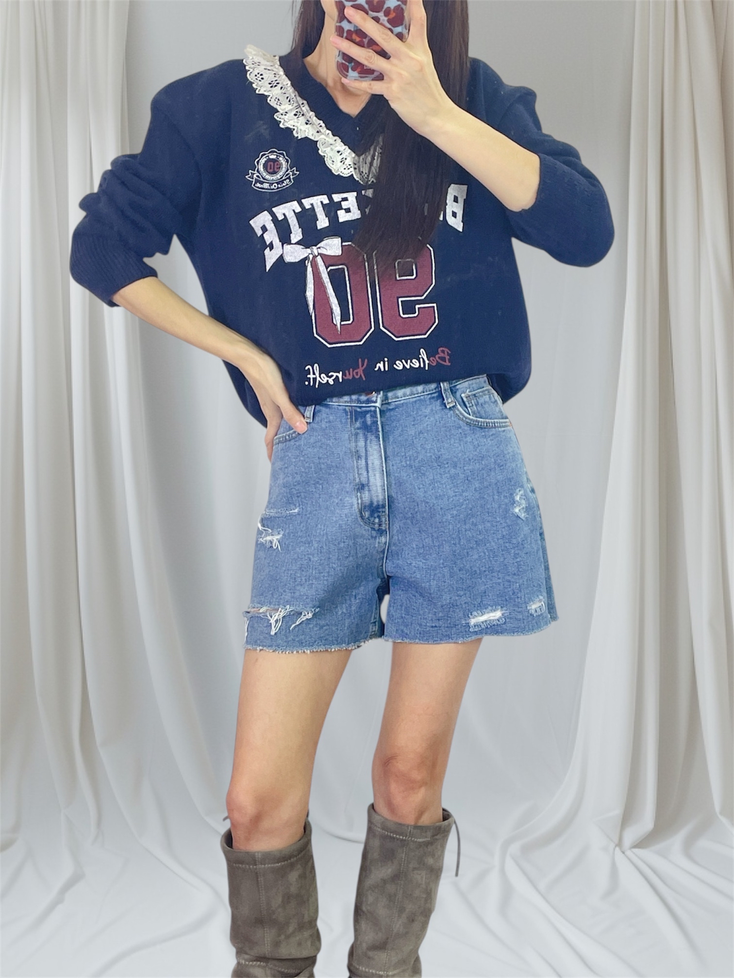 K5532 Lace邊V領針織top