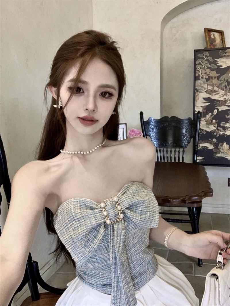 蝴蝶結裝飾斜紋軟無肩帶上衣