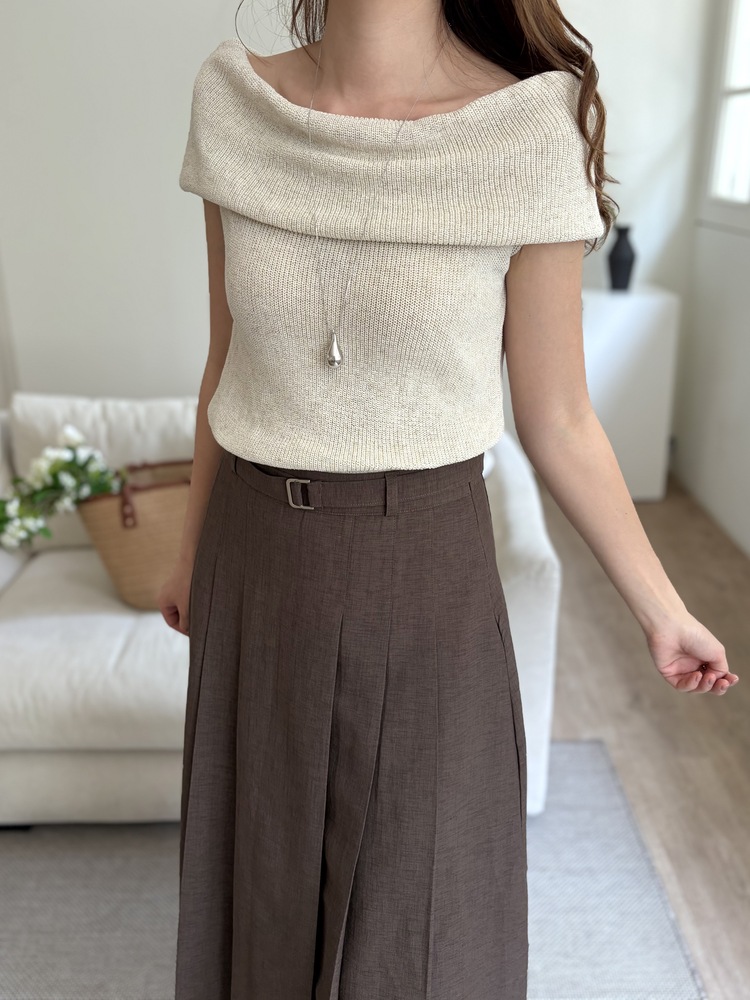 Linen Blend Pleated Skirt (Brown)