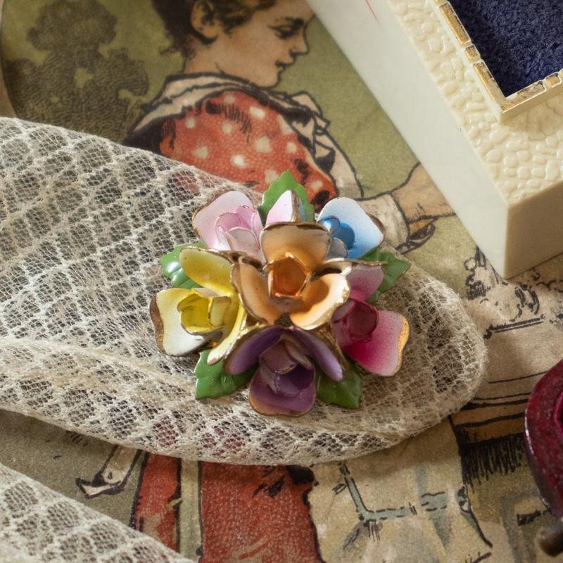 C.a. 1950s Austrian Hand-painted Colourful Flower Cluster Brooch(MU059)