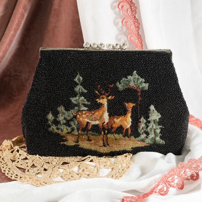 Vintage 1980-90s Midnight Forest Deer Beaded Bag - New Old Stock (NA0782)