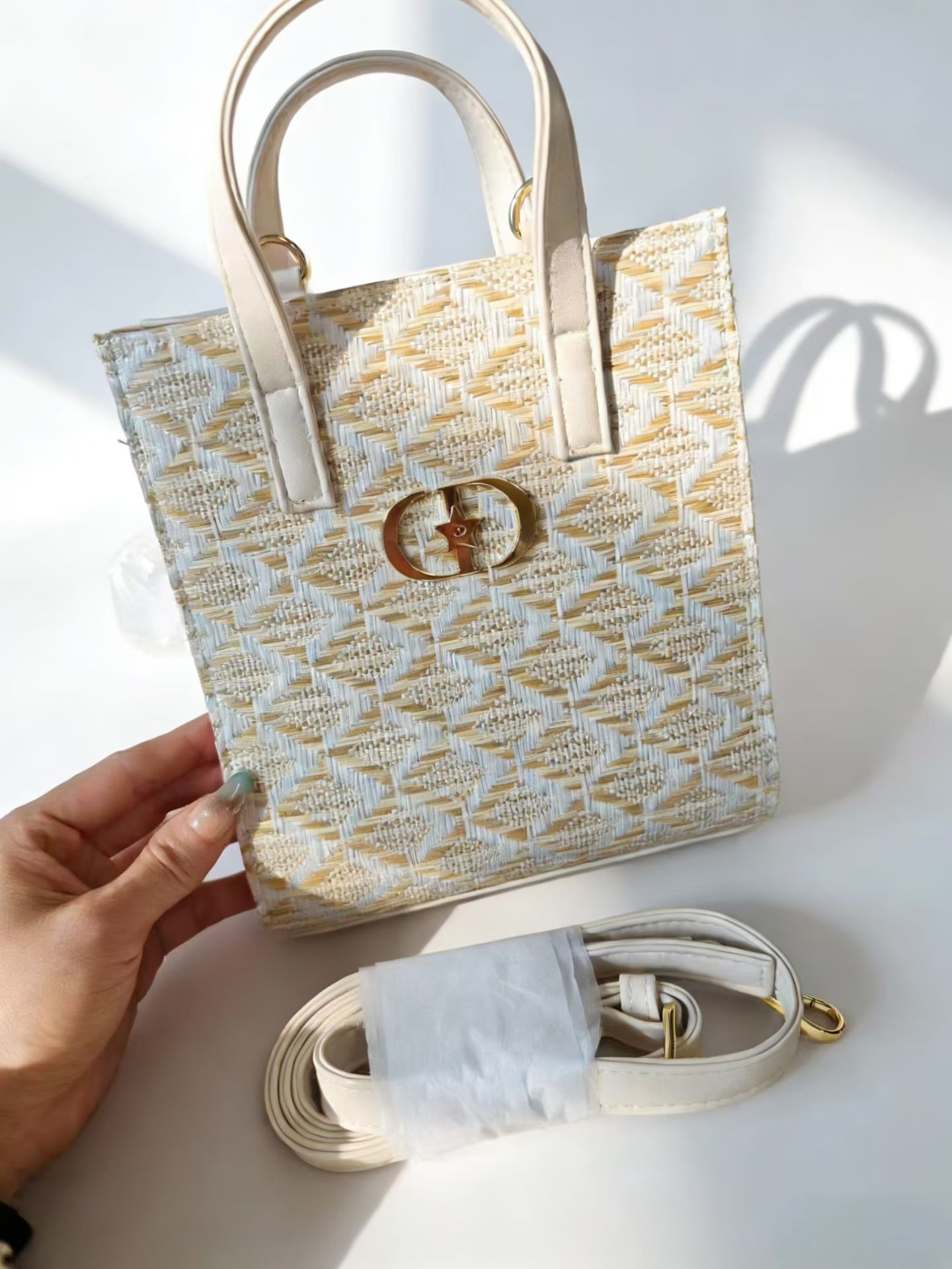 Dior全新米白色老花拼皮革手提包