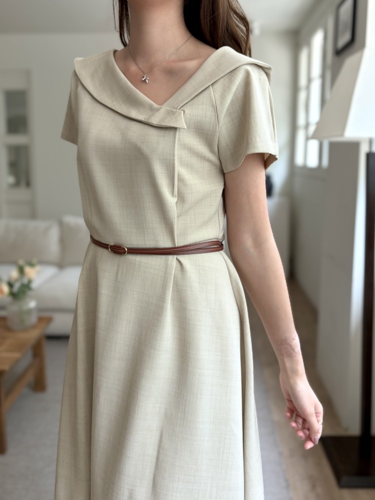 Sailor Collar Belted Dress (Beige)