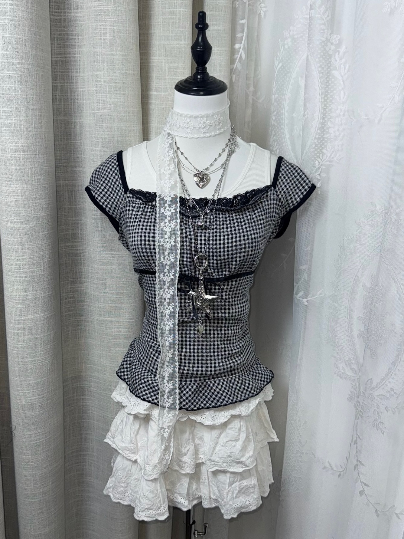 Monochrome Gingham Lace Layered 2top