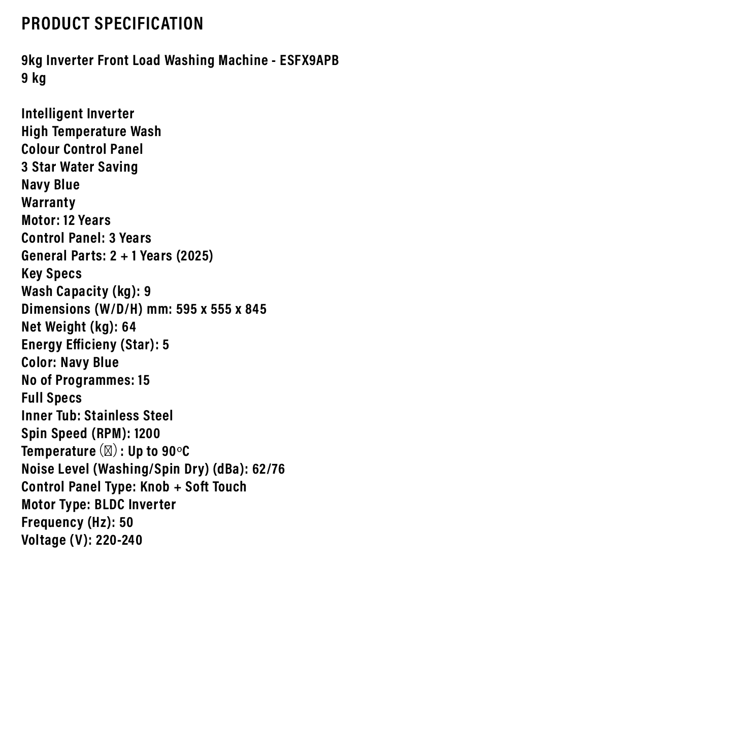 Sharp 9kg Pro-Flex Inverter Front Load Washer (ESFX9APB)