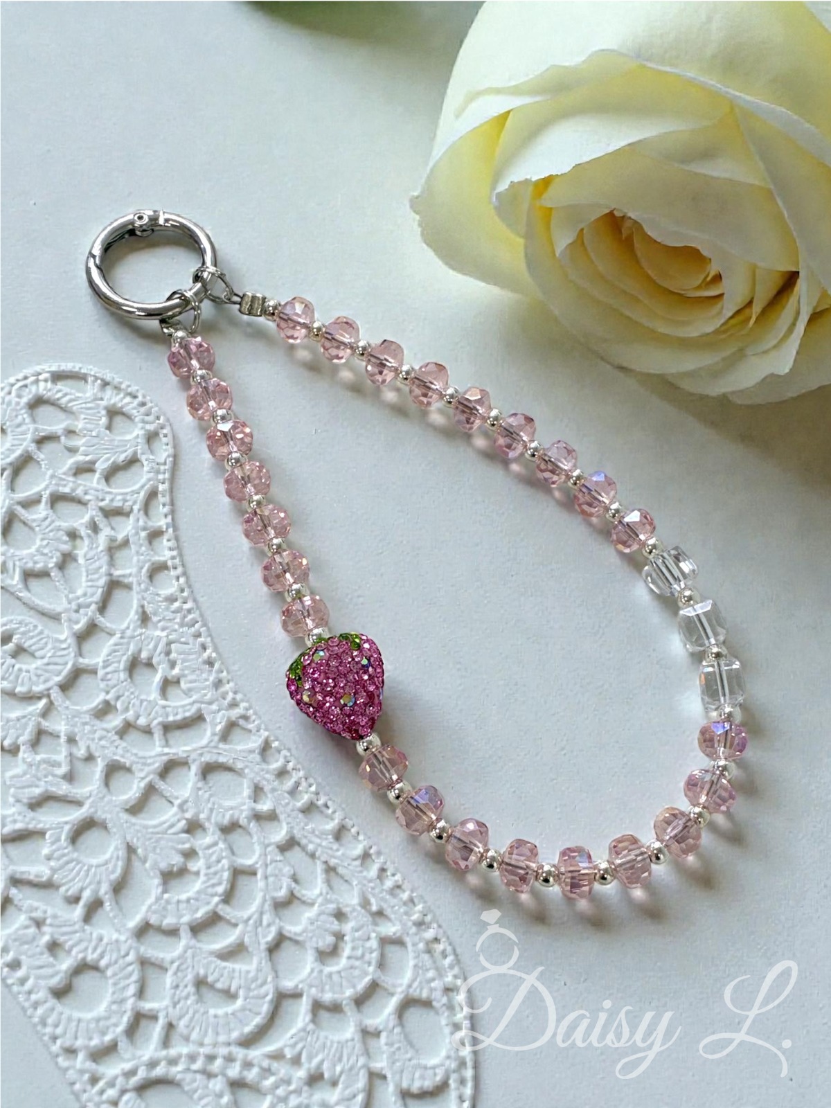 粉紅色水晶草莓手機掛繩