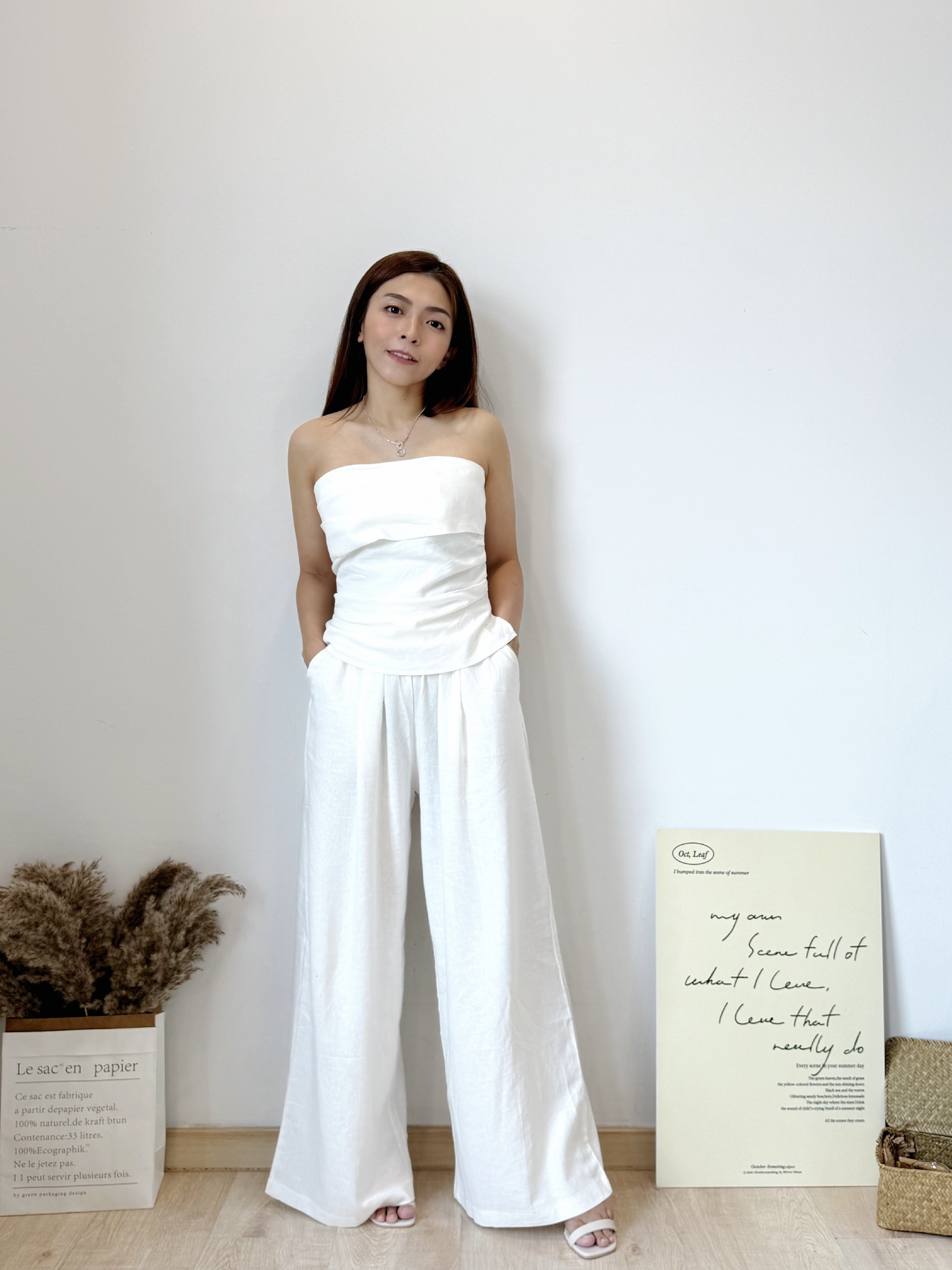 Luna Linen Tube Top +Trouser Sets 亚麻抹胸上衣 + 直筒阔腿裤两件套( 2 colours )