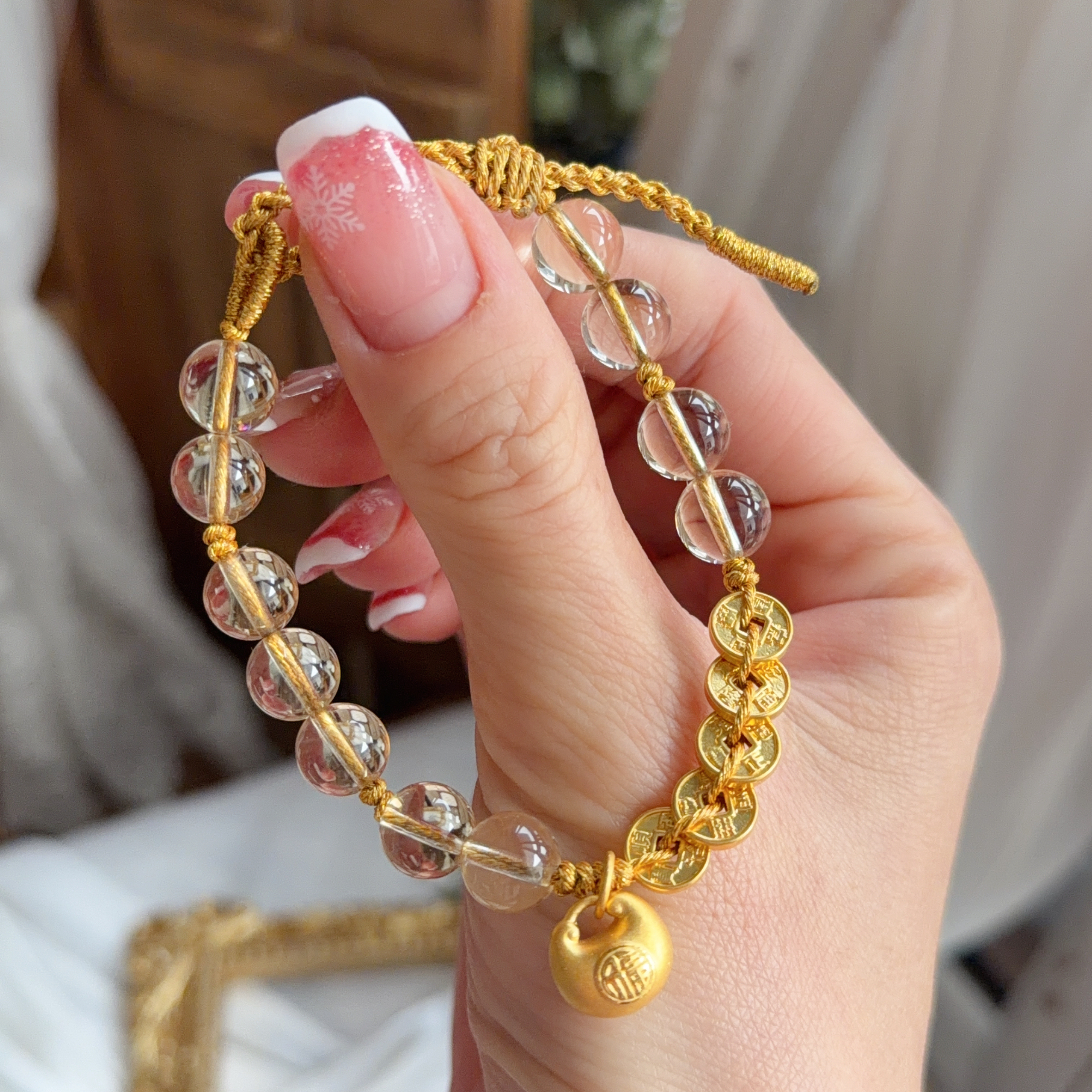 8mm高質黃水晶襯999足金五帝錢&小福袋