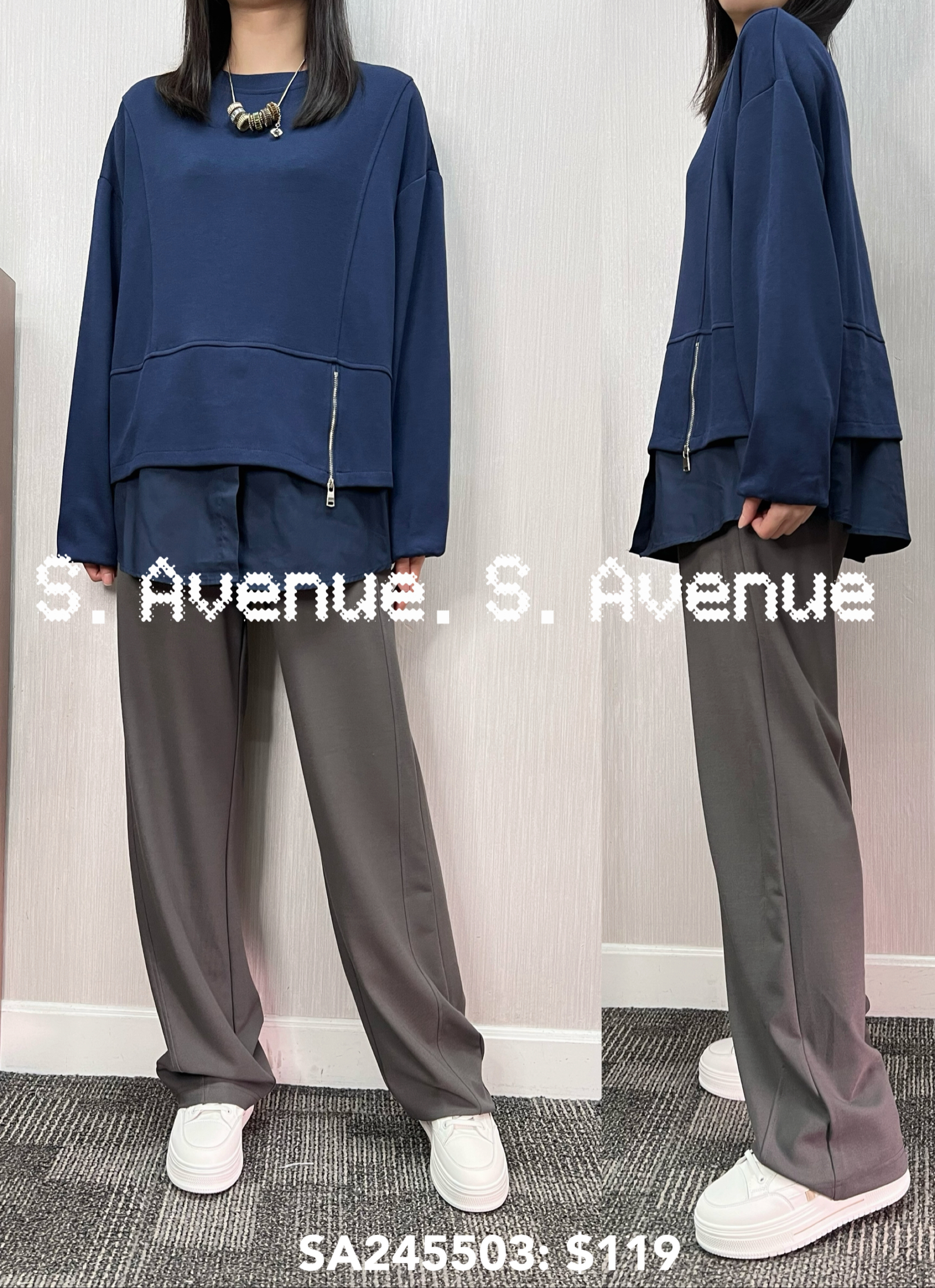 SA248503: 長袖側拉錬拼布鬆身tee