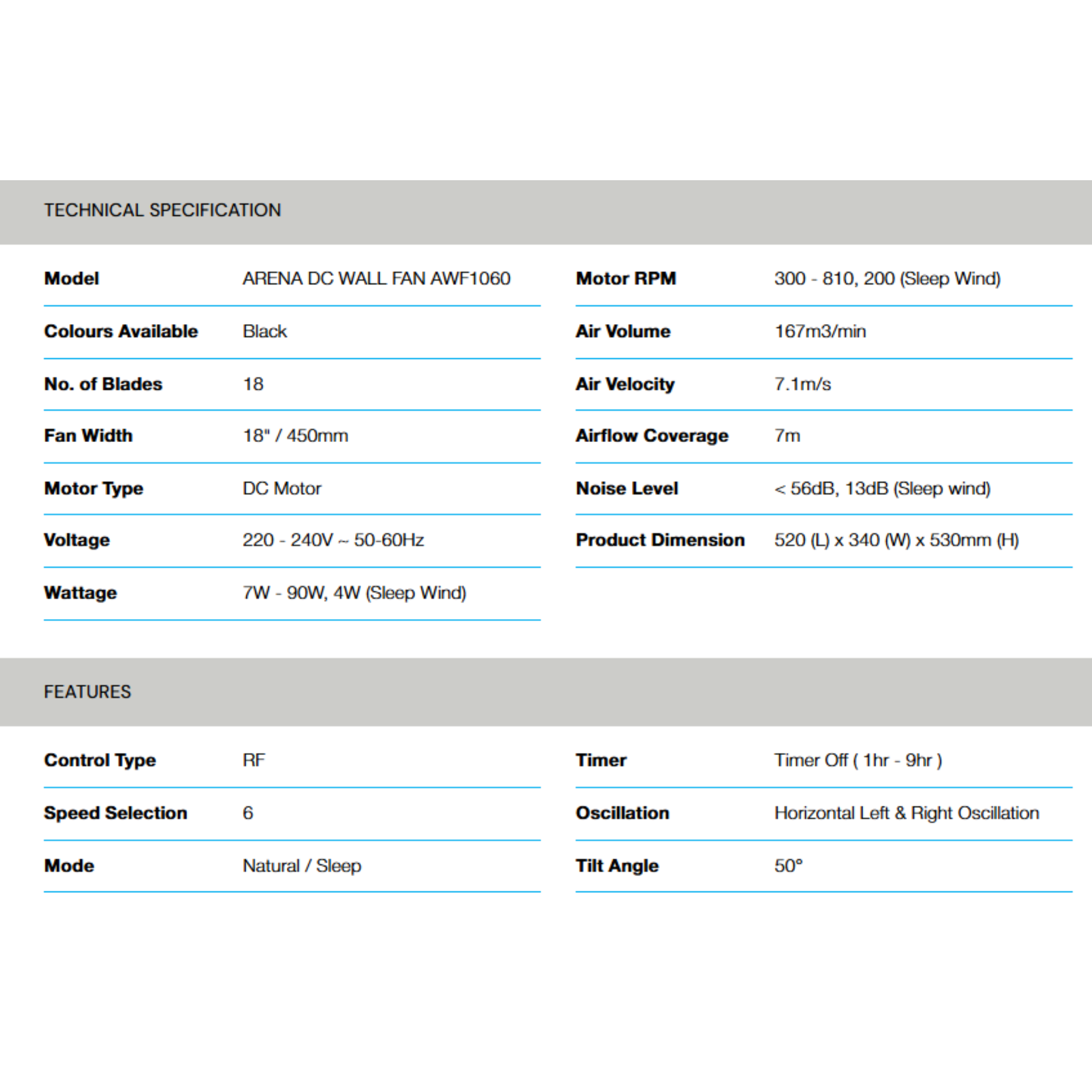 Alpha 18" Arena DC Motor Wall Fan 18 Blades (ARENA)
