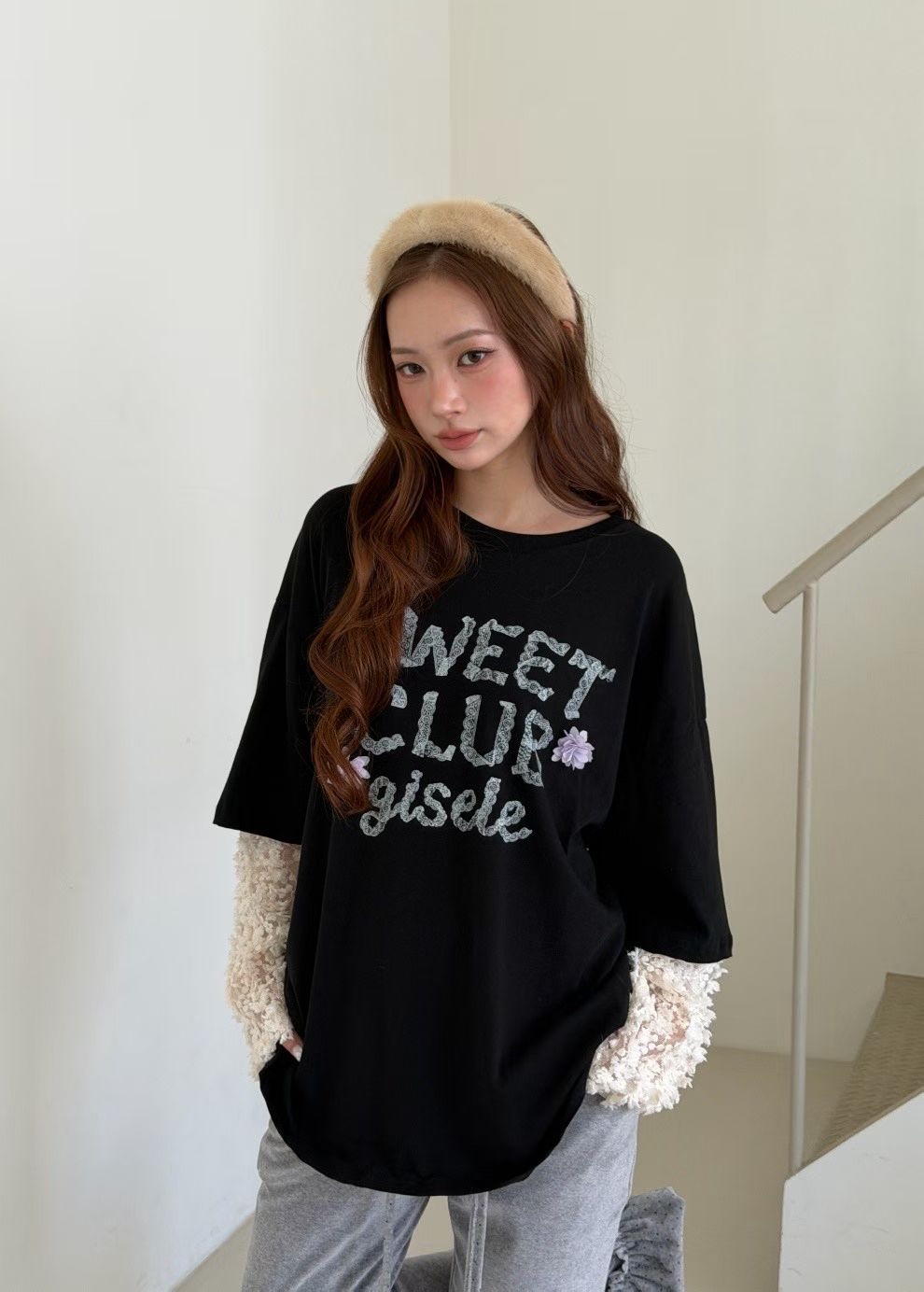 221686 “SWEET CLUB  gisele” 假兩件lace袖tee