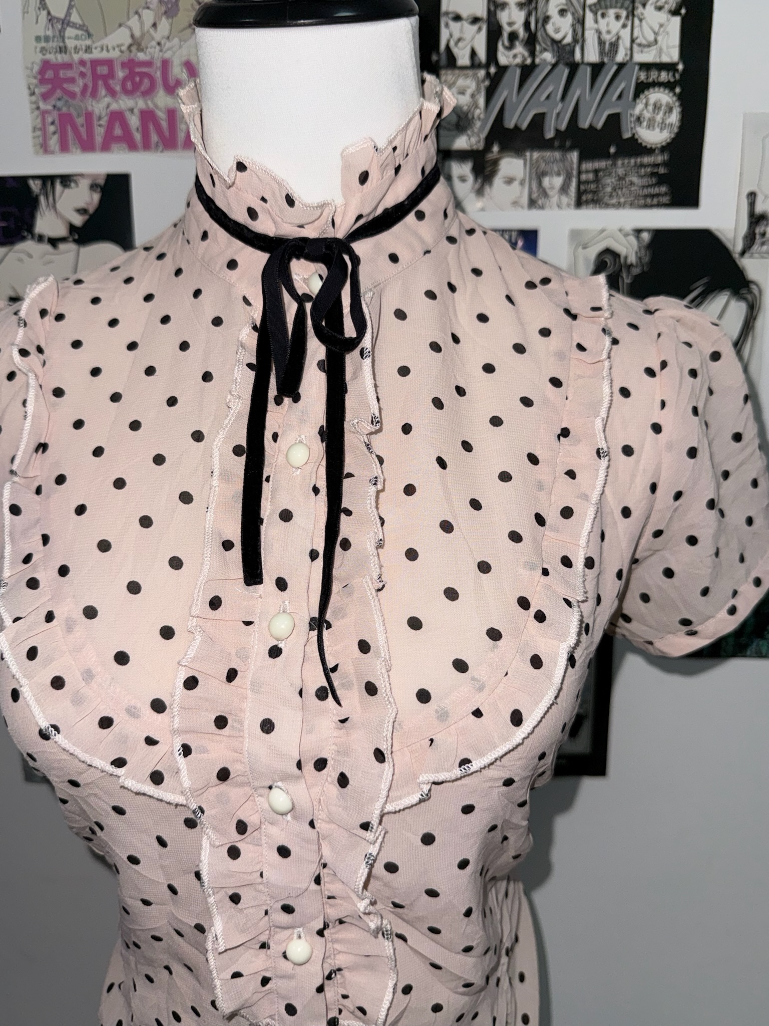 Pink Polka Dot Ruffle High Neck Blouse
