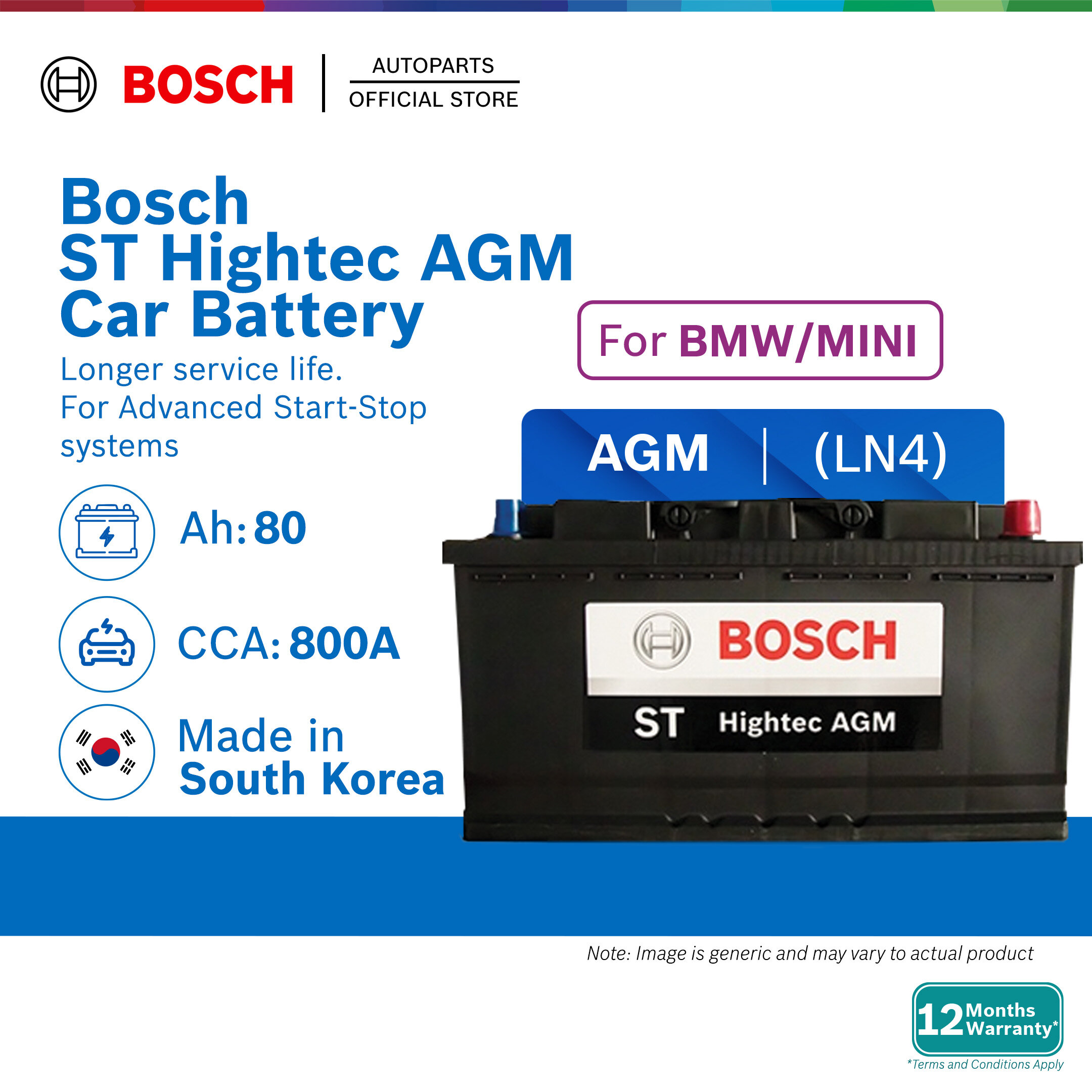 [DELIVERY ONLY] Bosch ST Hightec AGM LN4 DIN80 MF Car Battery for BMW 1 2 3 Series X1 MINI Cooper Clubman Countryman