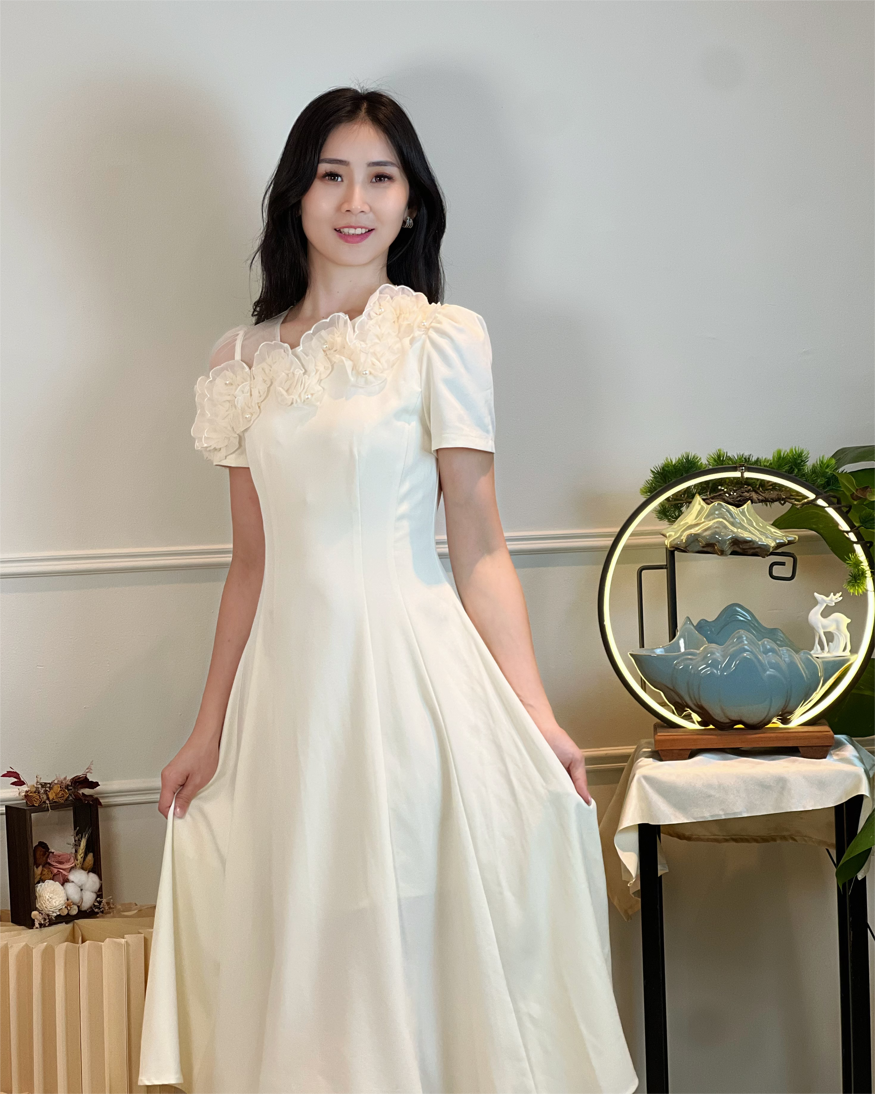 5093 3D Floral Chiffon Appliqué Midi Dress