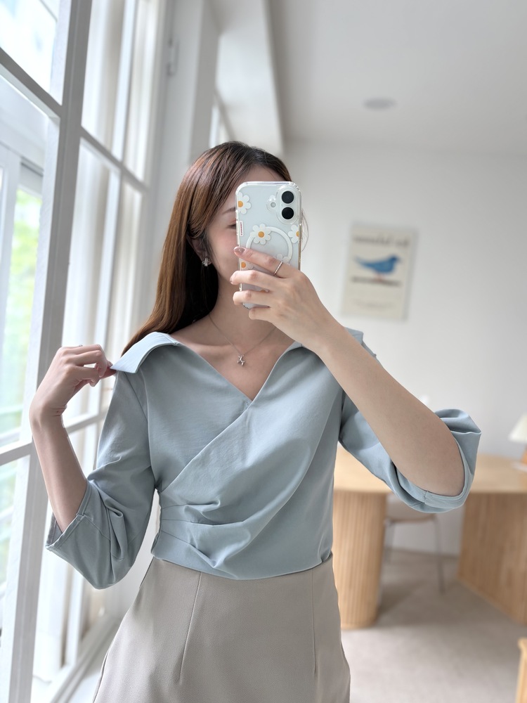 Camelia Wrap Collar Blouse (Blue)