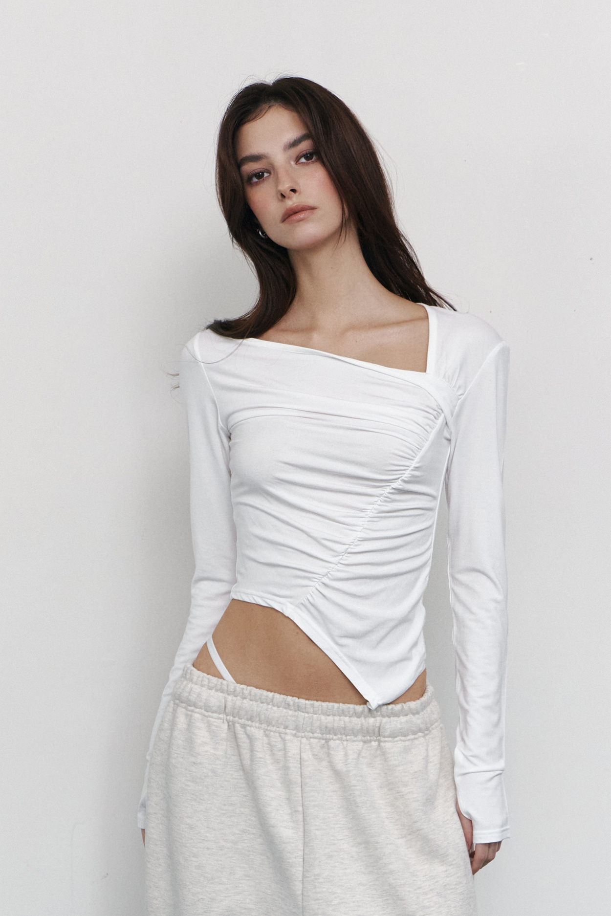 pleaseNOFOLLOW - Sadie Unbal Shirring Long Sleeve Top (White)
