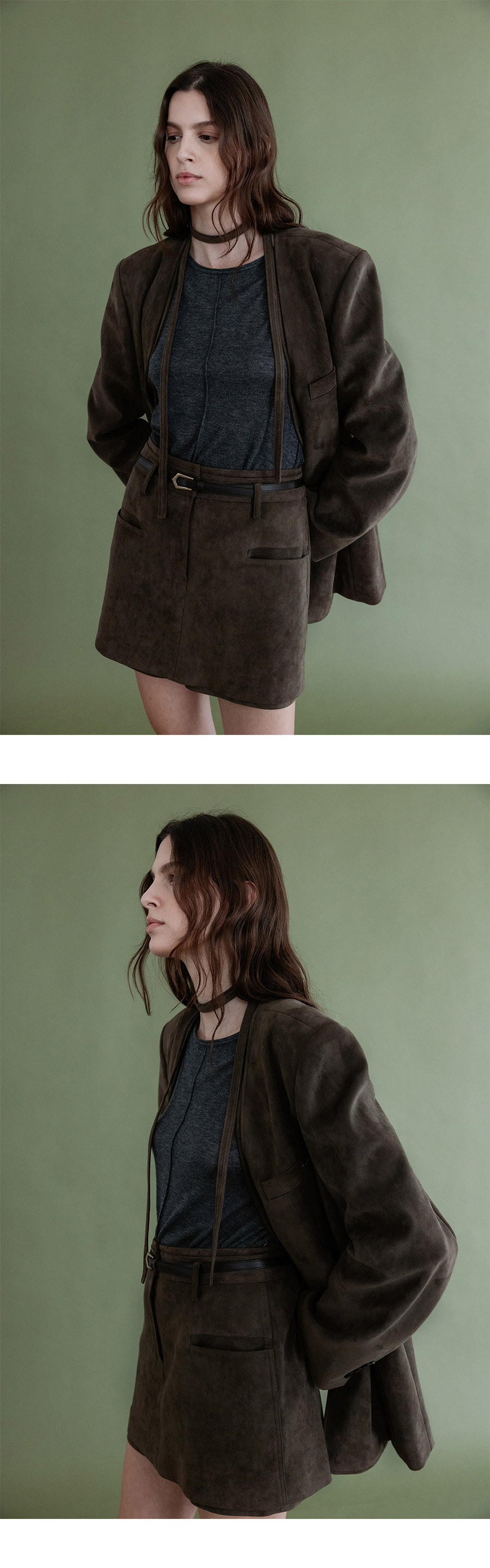 LOEUVRE Suede Layered Vest Jacket 麂皮假兩件層次無領西裝外套