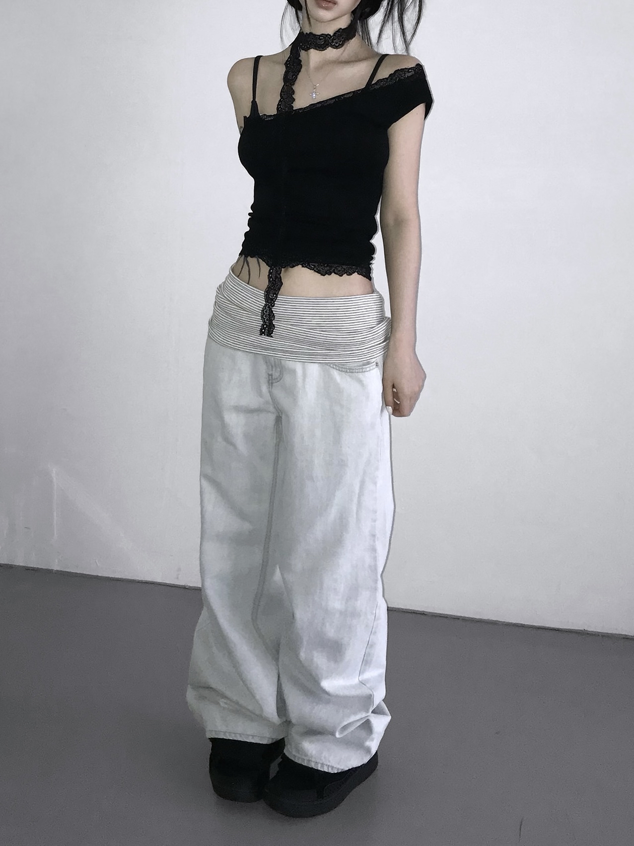Asymmetrical One-Shoulder Lace Trim Top with Scarf