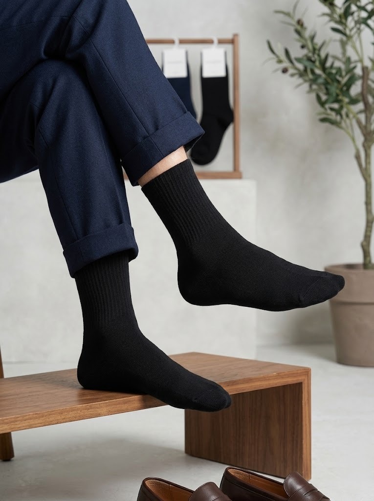 Korean Solid Black Men's Crew Socks
