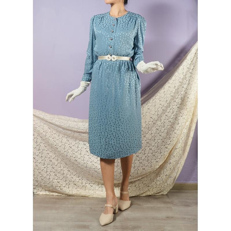 Vintage Powder Blue Satin Luxe Abstract Pattern Day Dress(MT1608-103)