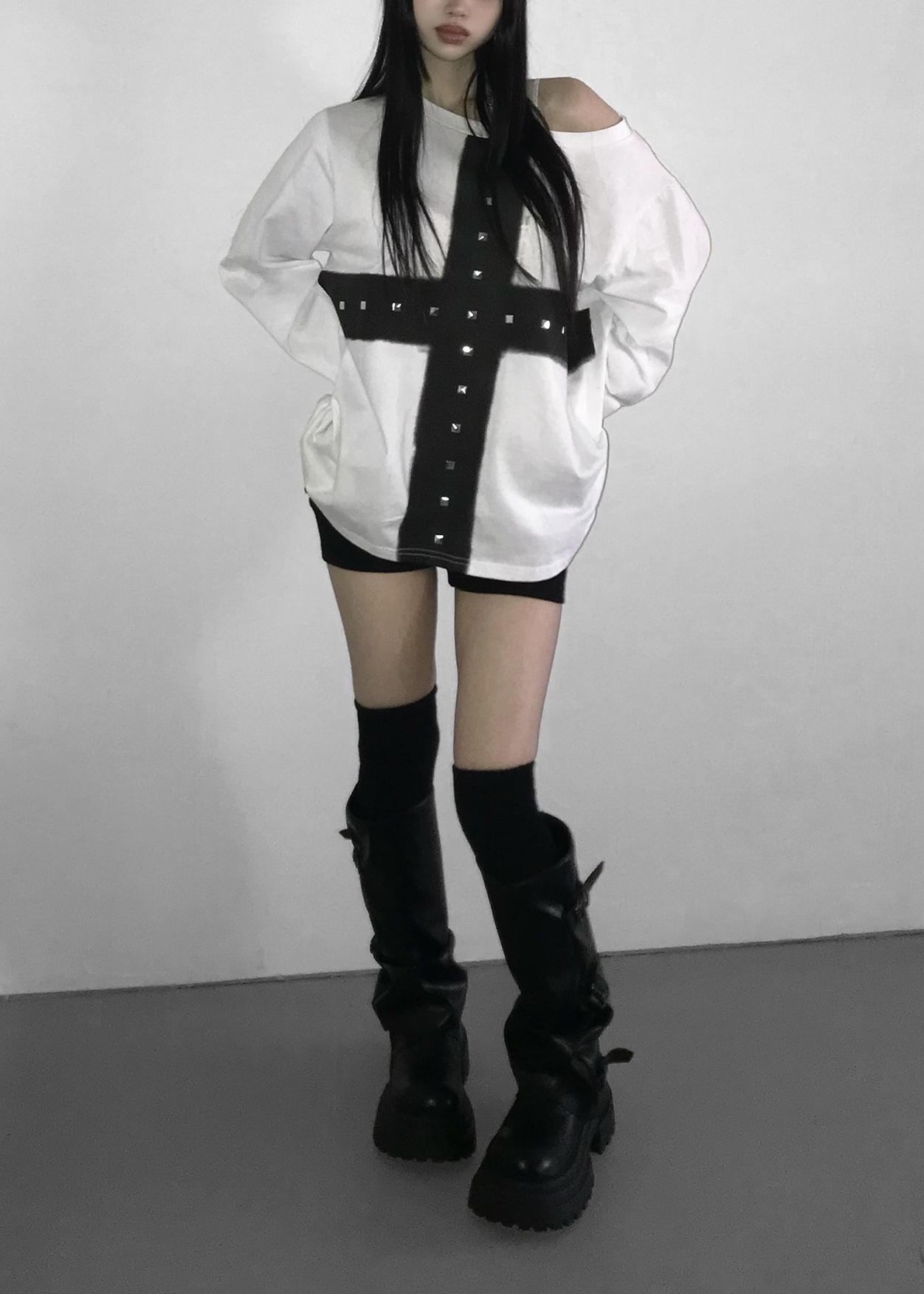 Off-Shoulder Cross Print Studded Long Sleeve