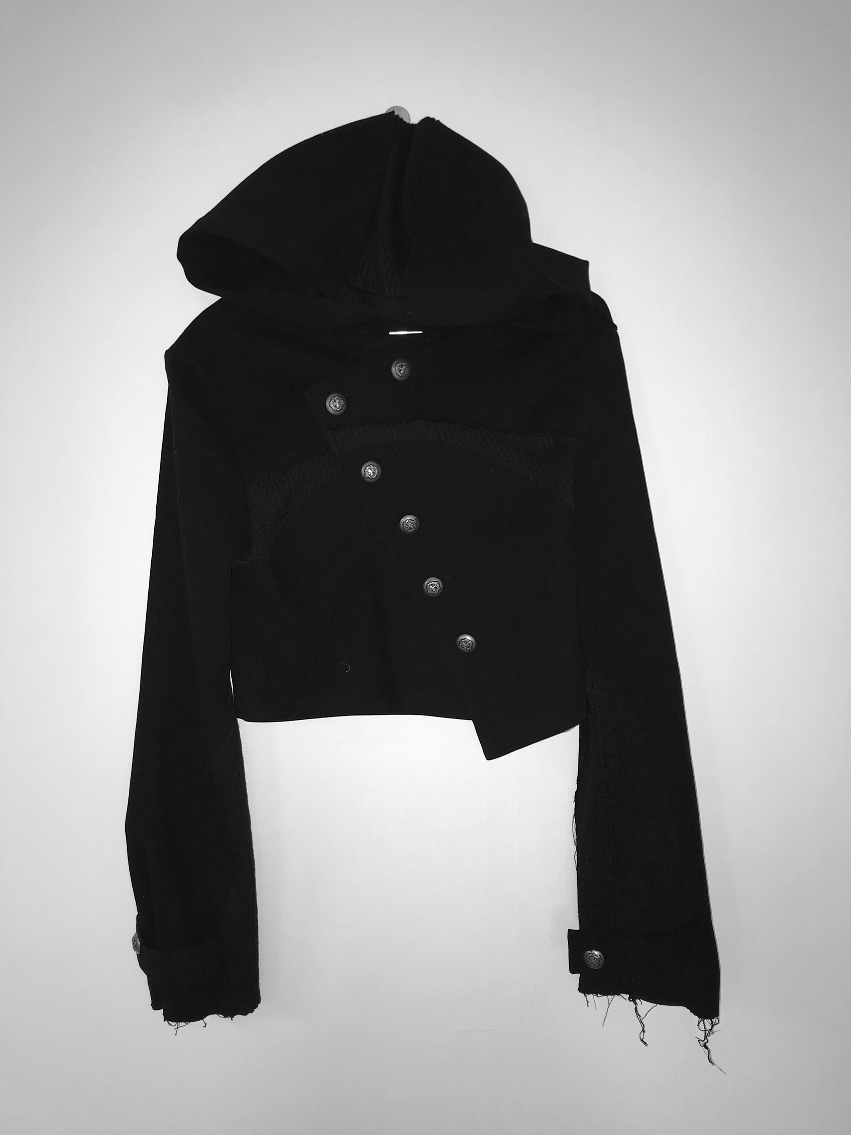 Asymmetric Raw-Edge Hooded Cropped Jacket