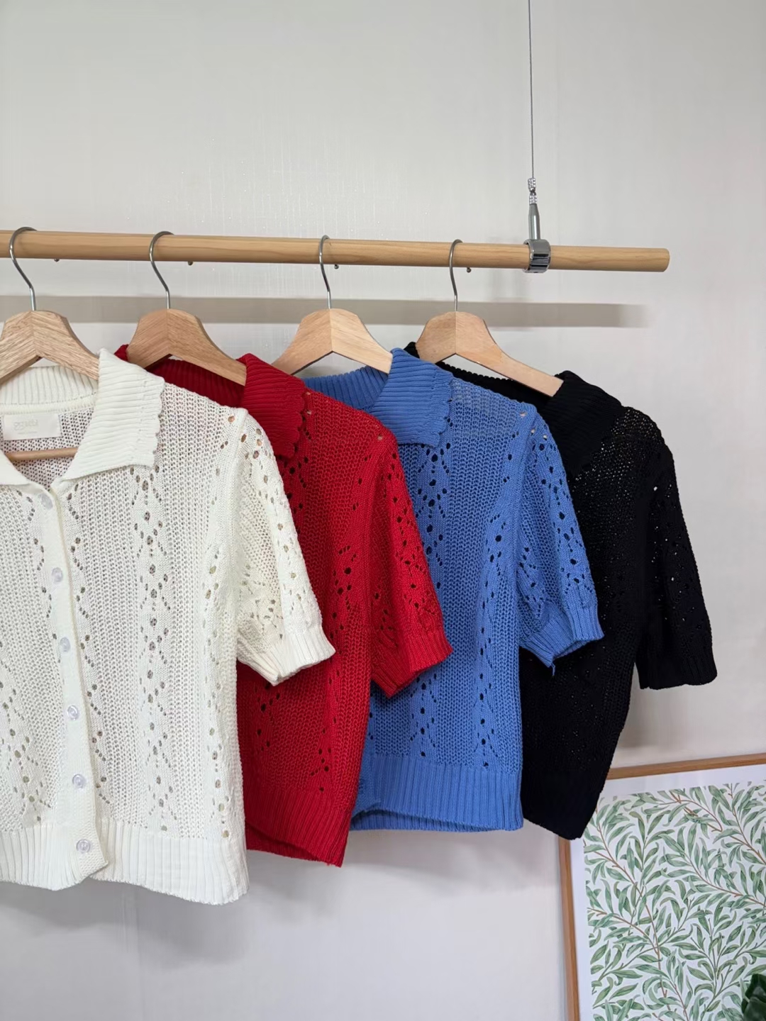 Crochet Knit Short-Sleeve Cardigan Top with Collar ‖ 镂空针织短袖翻领开衫上衣 KR014619