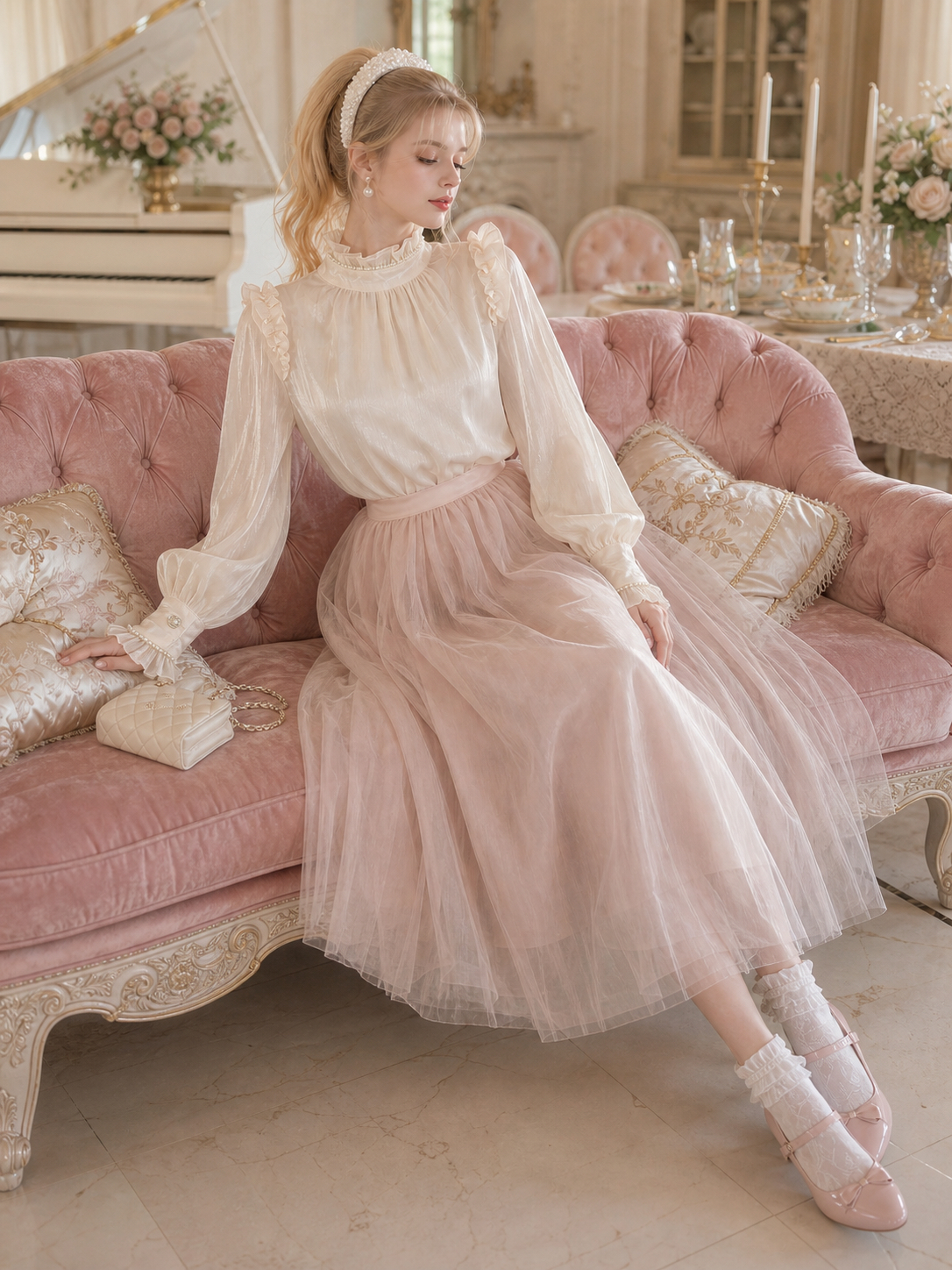 維多利亞輕甜公主綴珍珠襯衫 Victorian Sweet Princess Pearl-Embellished Blouse