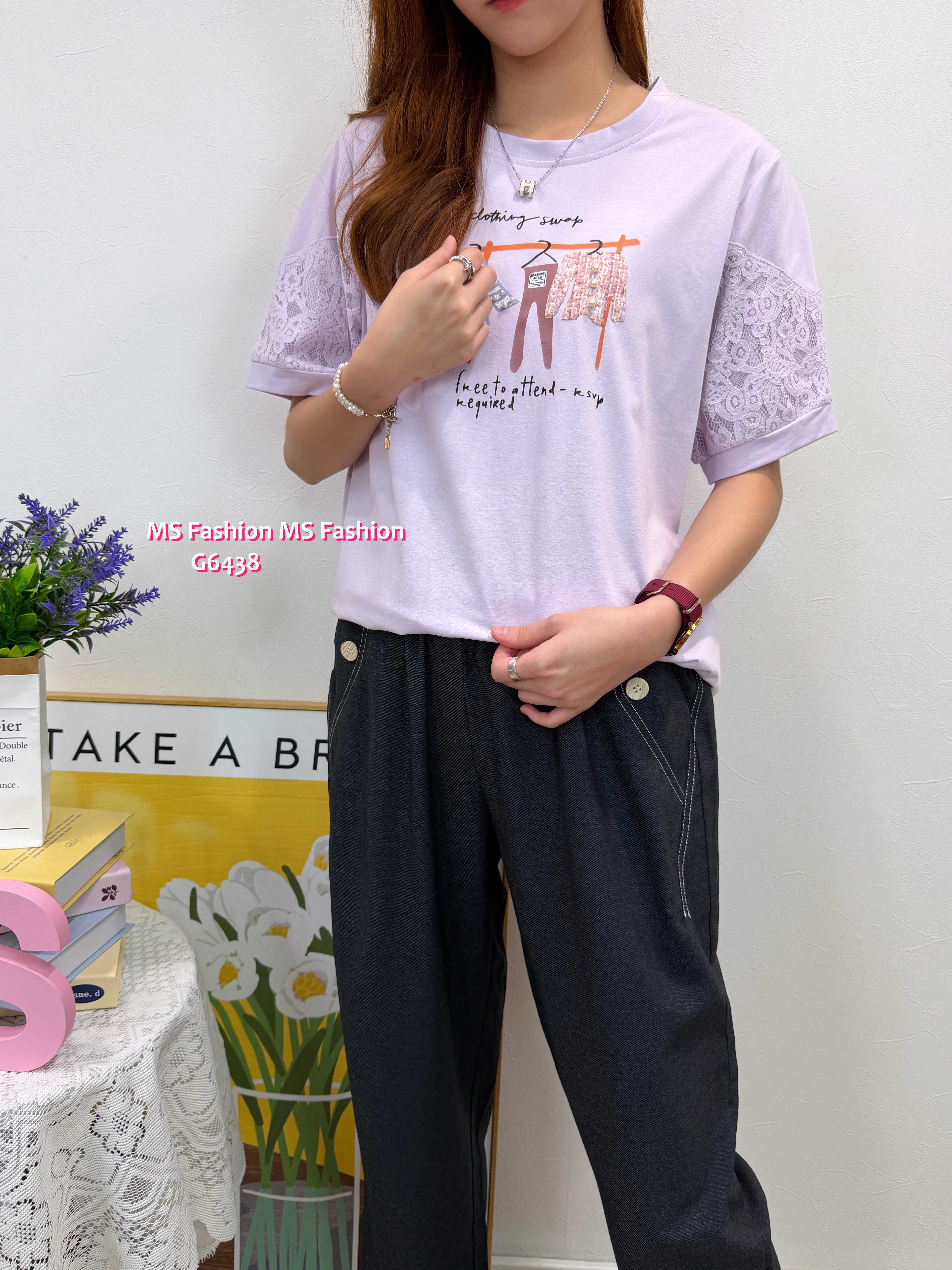 G6438 靚print lace袖top