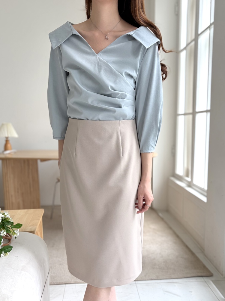 Camelia Wrap Collar Blouse (Blue)