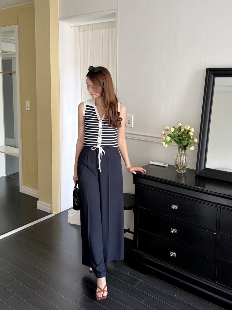 [超涼!!] Contrast Belt Wide Leg Slacks (Navy)