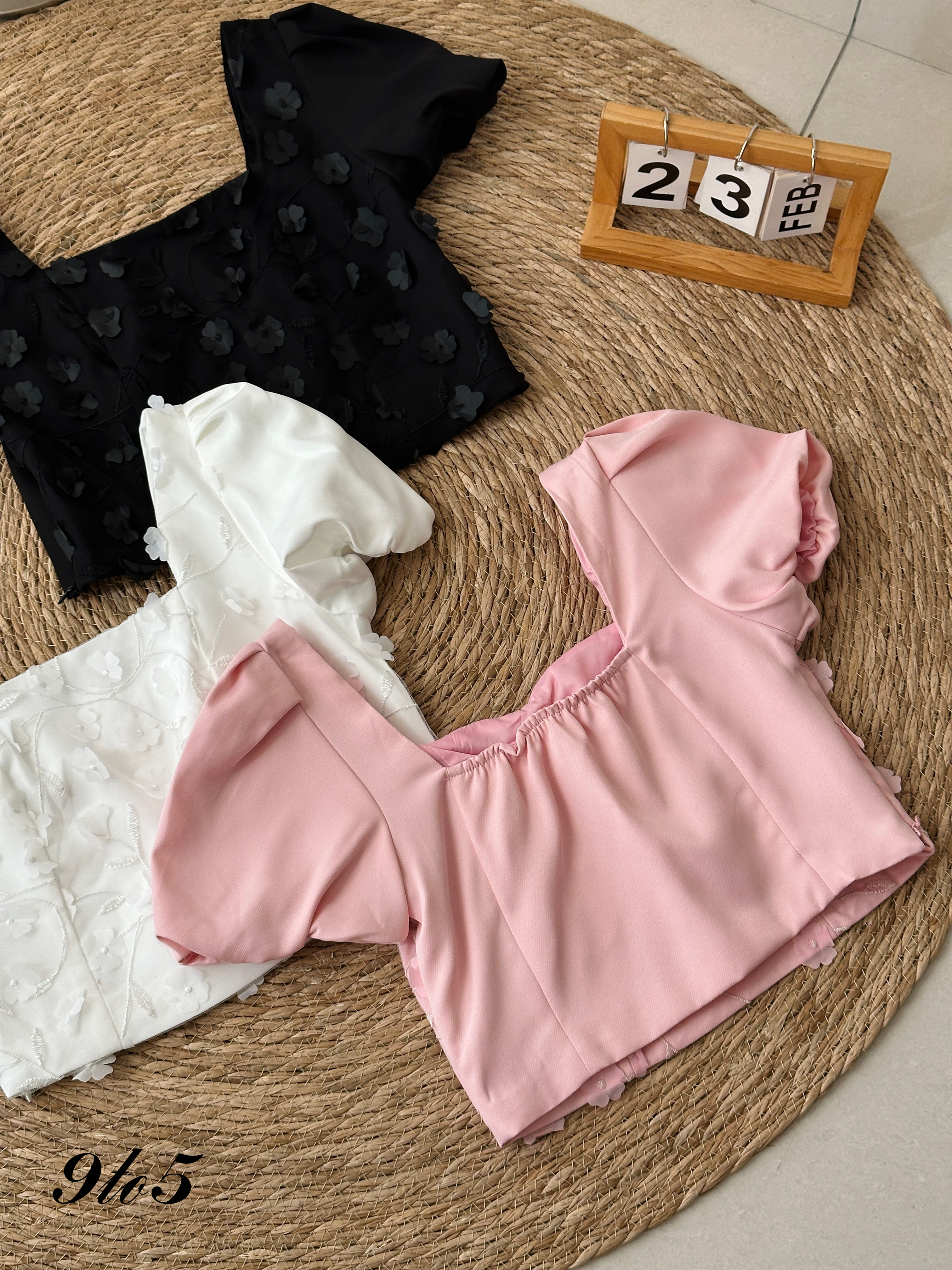 T3961 Puff Sleeve Square Neck Crop Top - 3 Colors