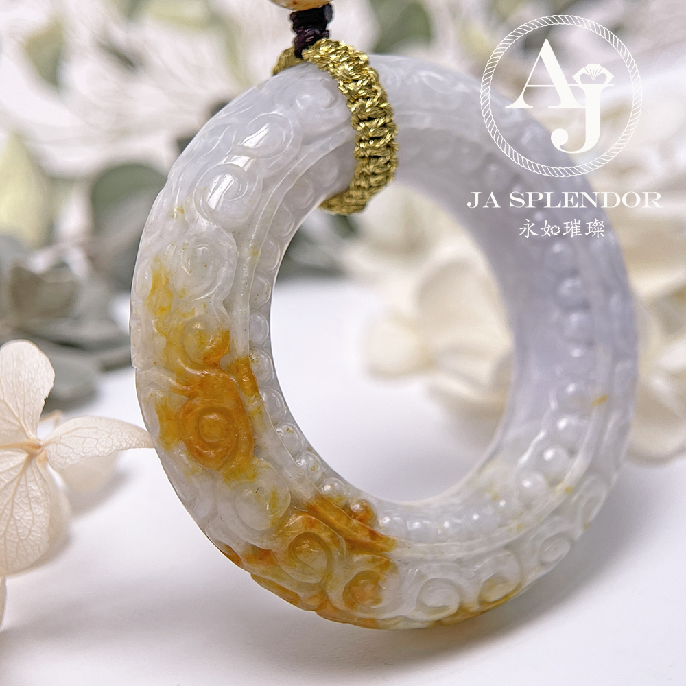 JN-3299 天然翡翠A玉 復古回紋順利招財黃翡精工雕刻糖環