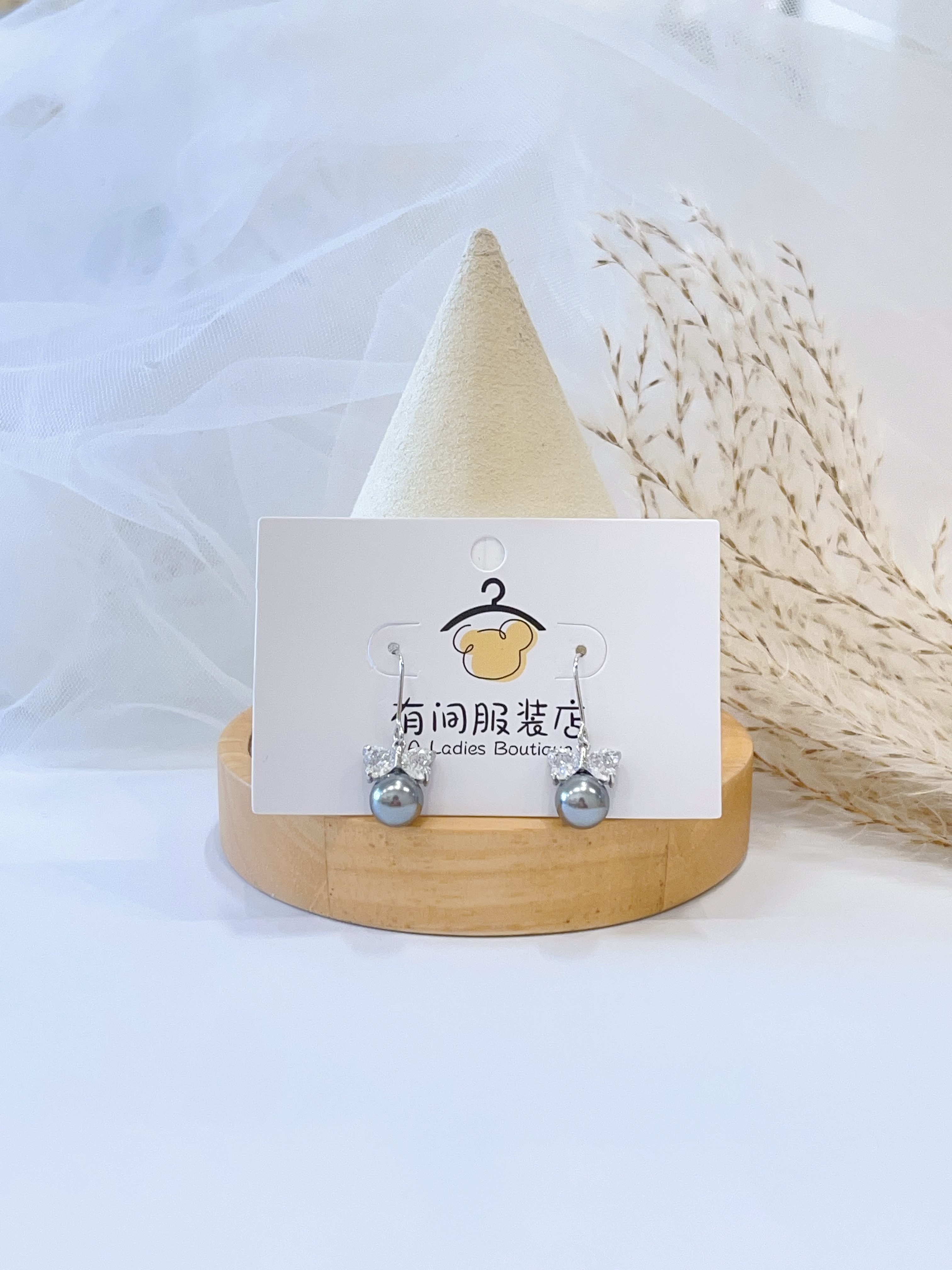 新款蝴蝶结锆石珍珠耳坠耳环