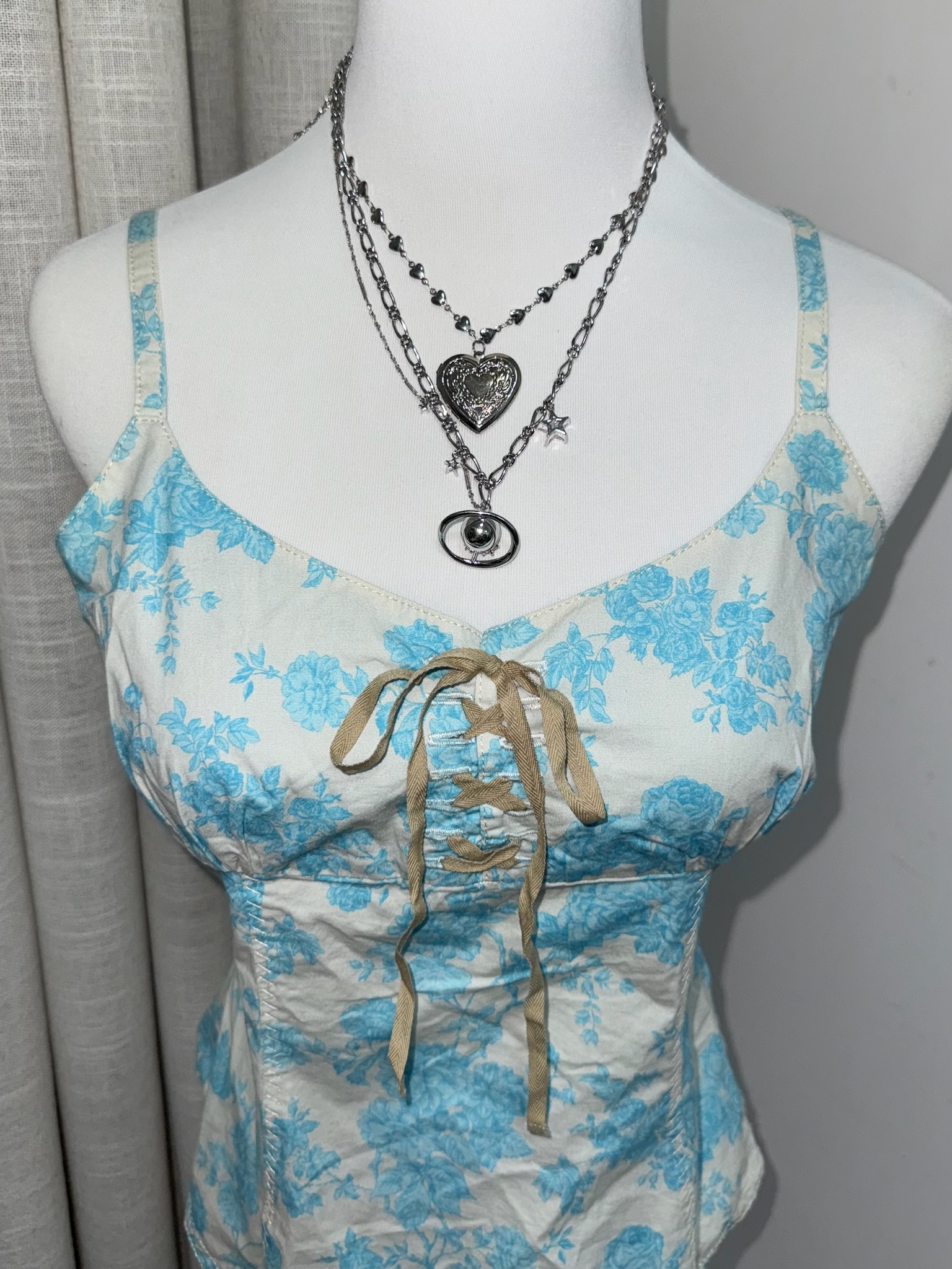 Vintage Rose Print Cami with Front Lace-up Detail and Faux Garter Straps