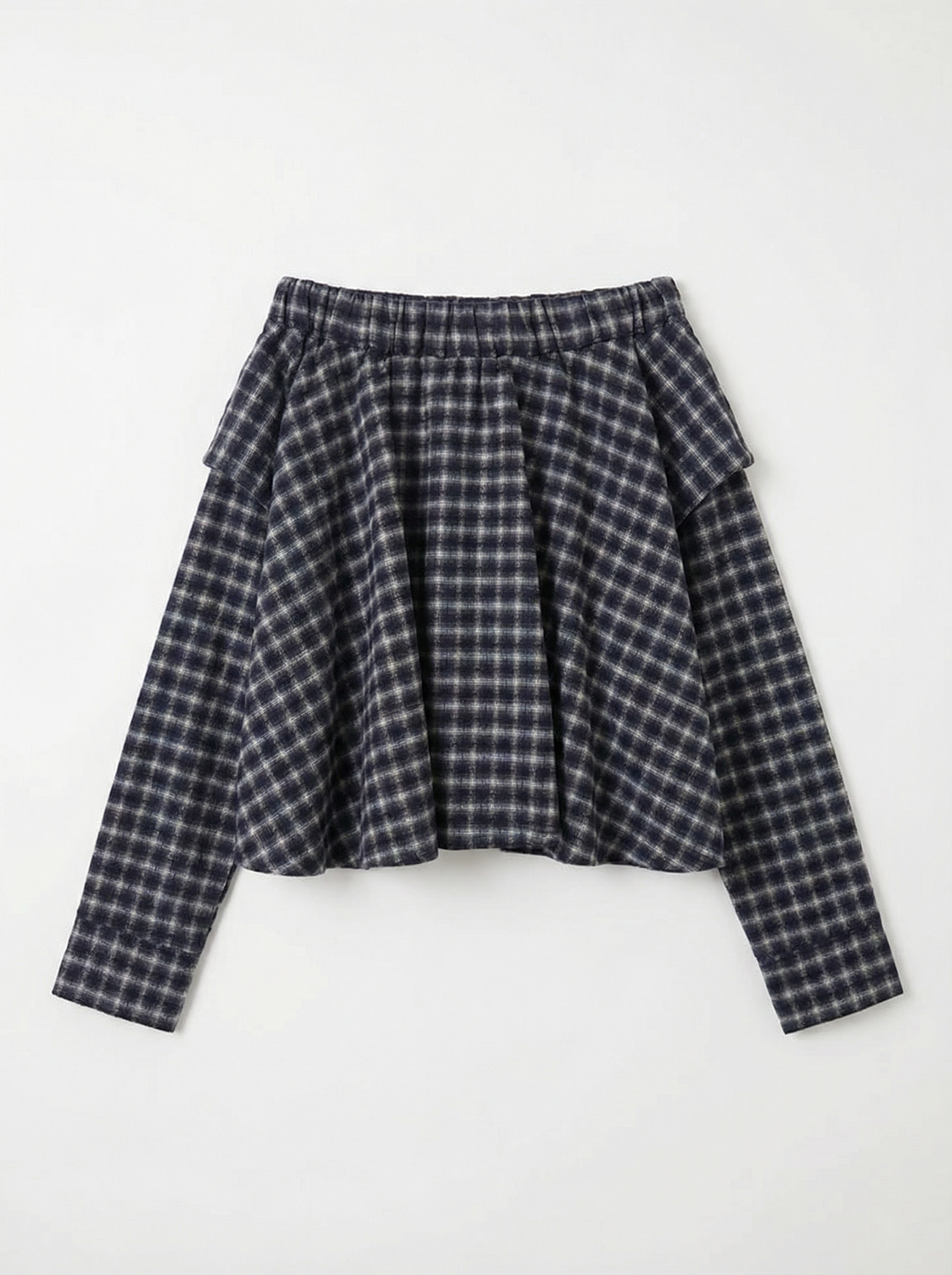 文字開衩長袖上衣＋格紋蝴蝶結百褶短裙褲套裝