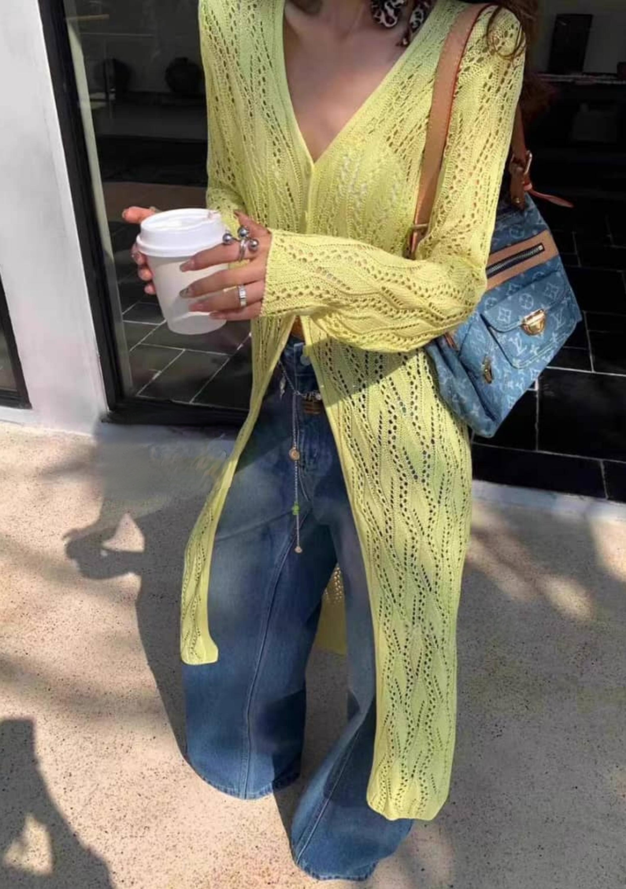 Bright Yellow V-Neck Buttoned Open-Knit Longline Cardigan ‖ 亮黄V领镂空针织排扣长款开衫 KR014638901