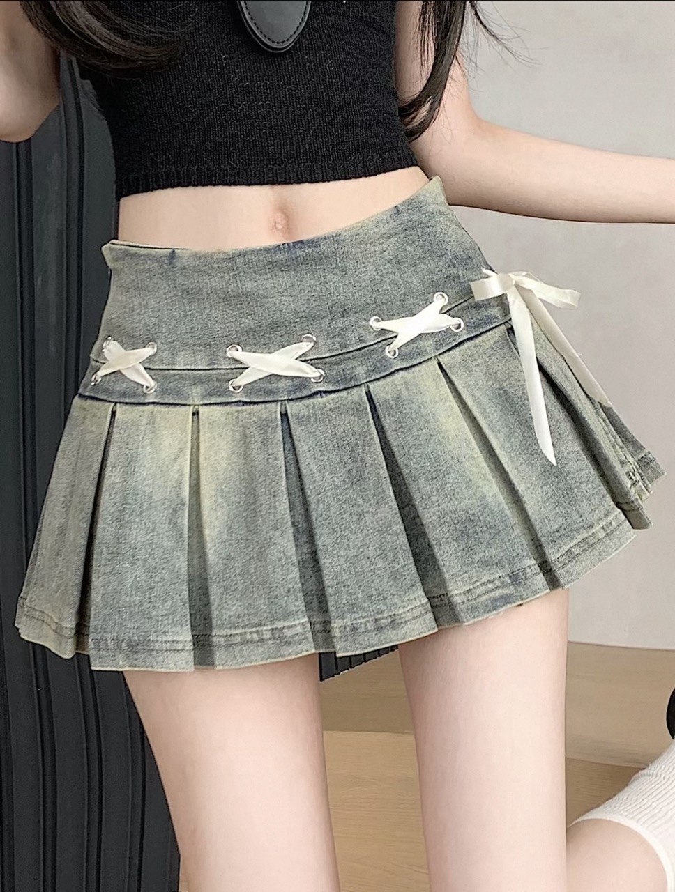 美式复古辣妹牛仔裙 Lace-Up Denum Pleated Mini Skirt