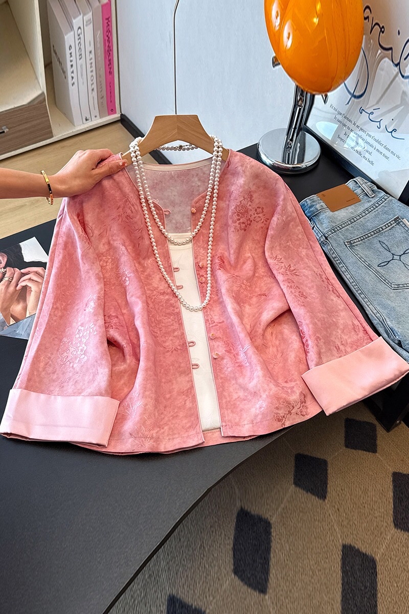 B265(0190外套) 新中式薄款古典碎花提花粉外套上衣 