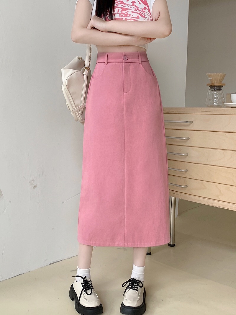 B384(18808) 韩系JEANS甜美风单钮高腰后开角3色长裙 